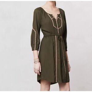 Edme & Esyllte Dress, Peasant Style Drawstring Waist, Boho Olive Green Sz Small